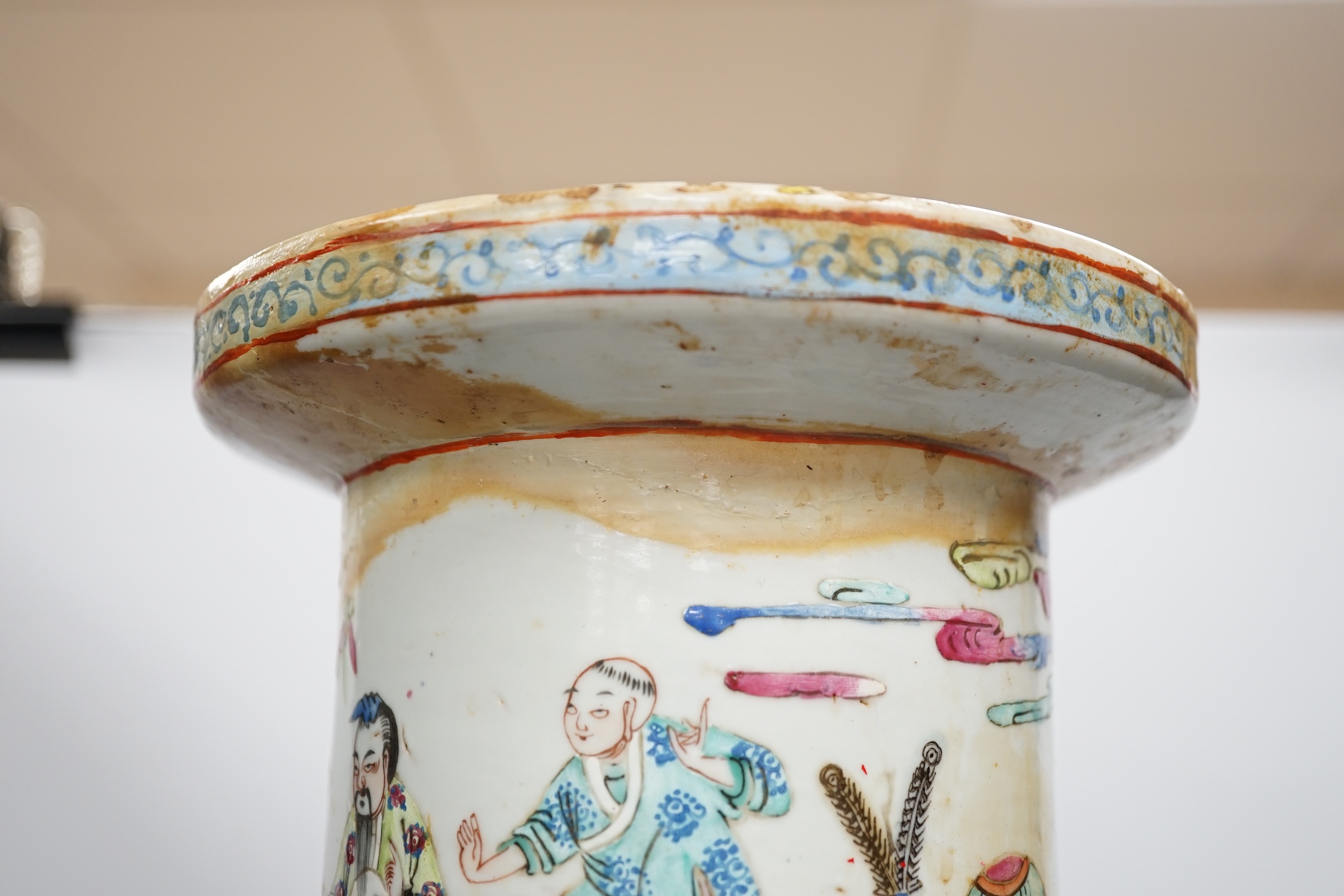 A large 19th century Chinese famille rose rouleau vase, 64cm. Condition - rim and neck have discoloured restored, otherwise fair